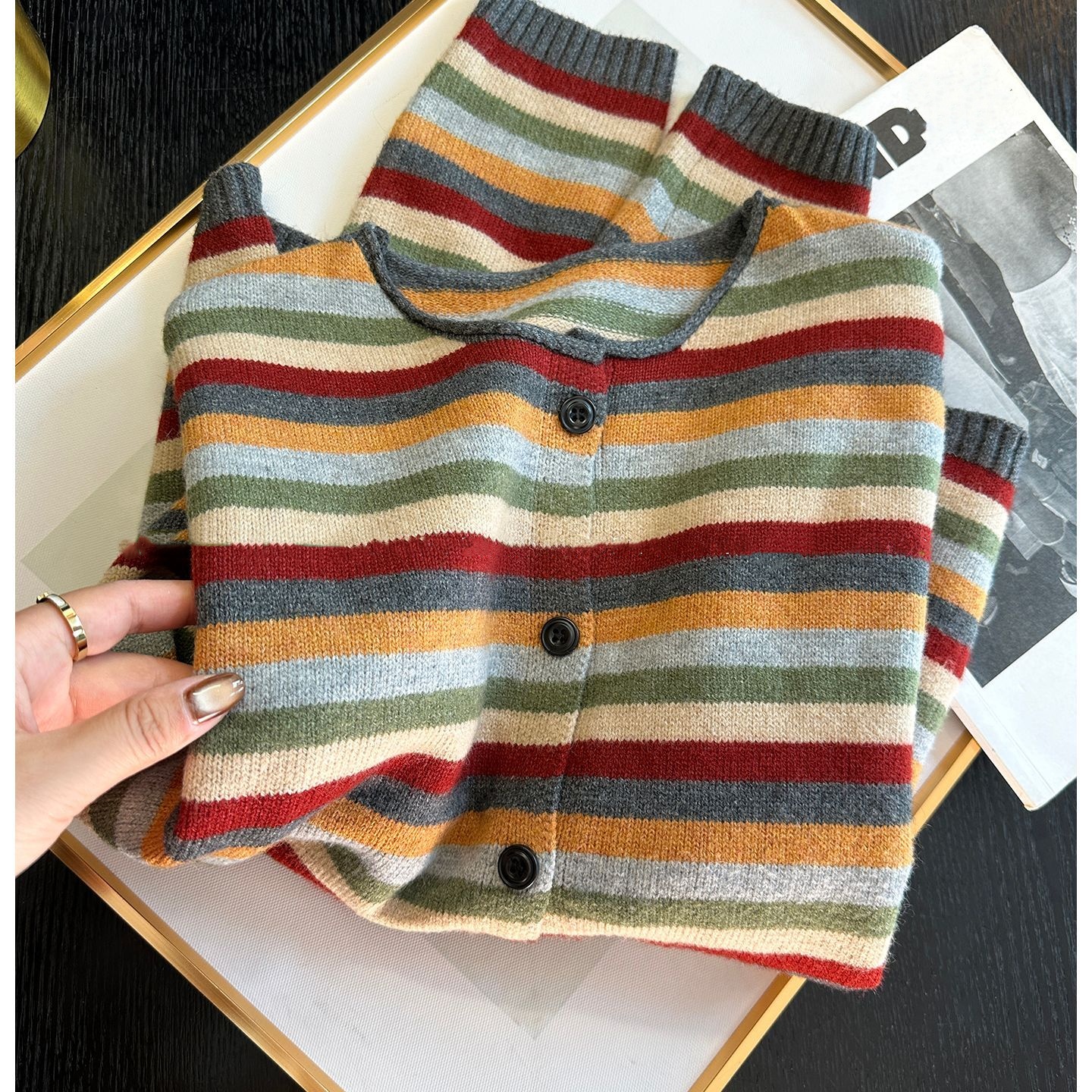 Vintage Fashion Knitwear - Women Striped Knitted Open Cardigan Loose