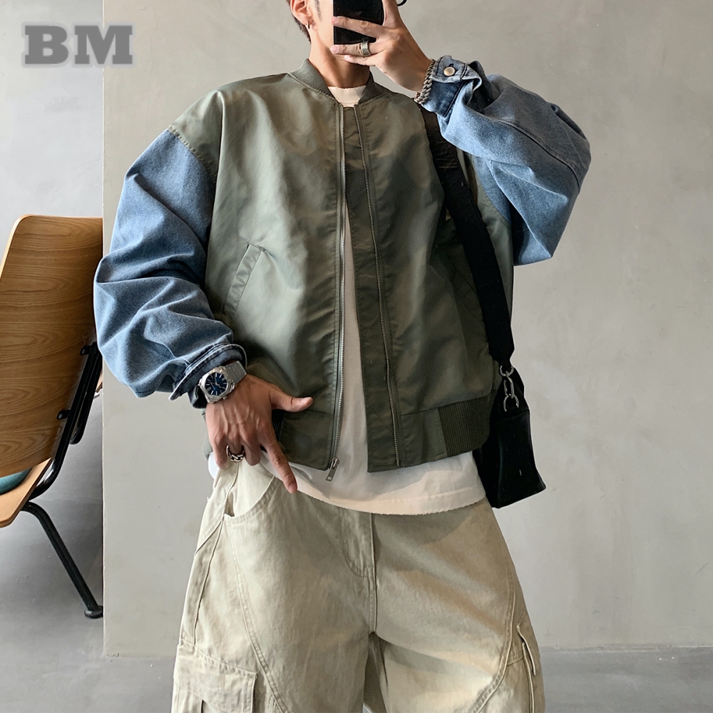 Vintage Urban Fashion - Korean Style American Denim Patchwork Bomber
