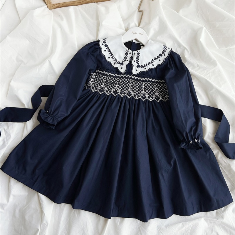Vintage Fashion Boutique - Vintage Dark Blue Hand-Embroidered Girls Long-Sleeved