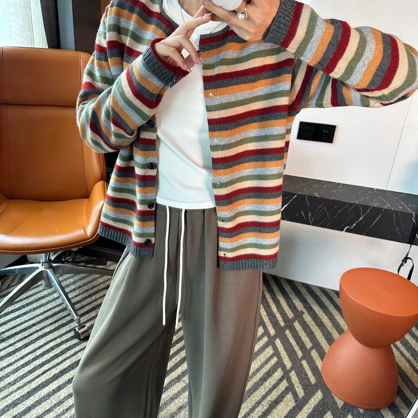 Women Striped Knitted Open Car - Vintage Fashion Knitwear ulasan dan harga