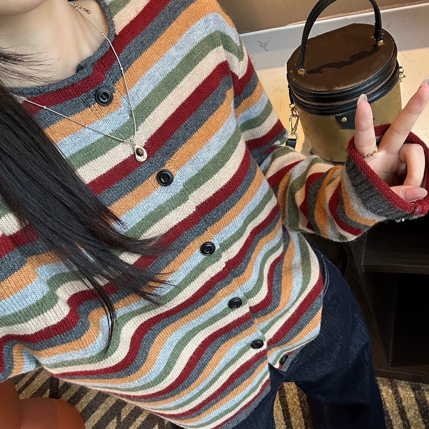 Women Striped Knitted Open Car - Vintage Fashion Knitwear ulasan dan harga