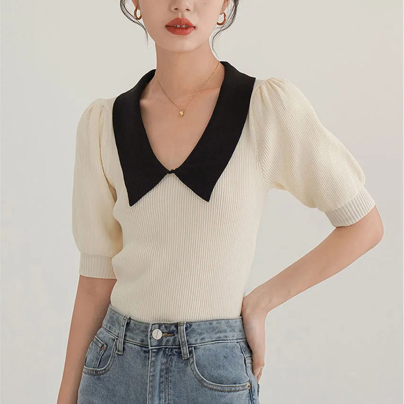 Vintage Puff Short Sleeved Kni - Vintage Fashion Knitwear ulasan dan harga