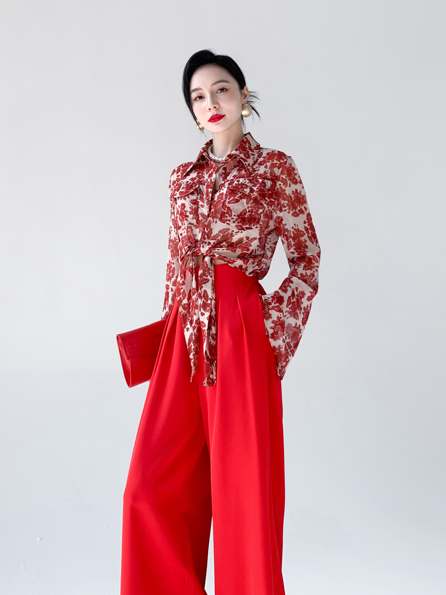 Red Floral Print Chiffon Shirt - Vintage Fashion Hong Kong ulasan dan harga