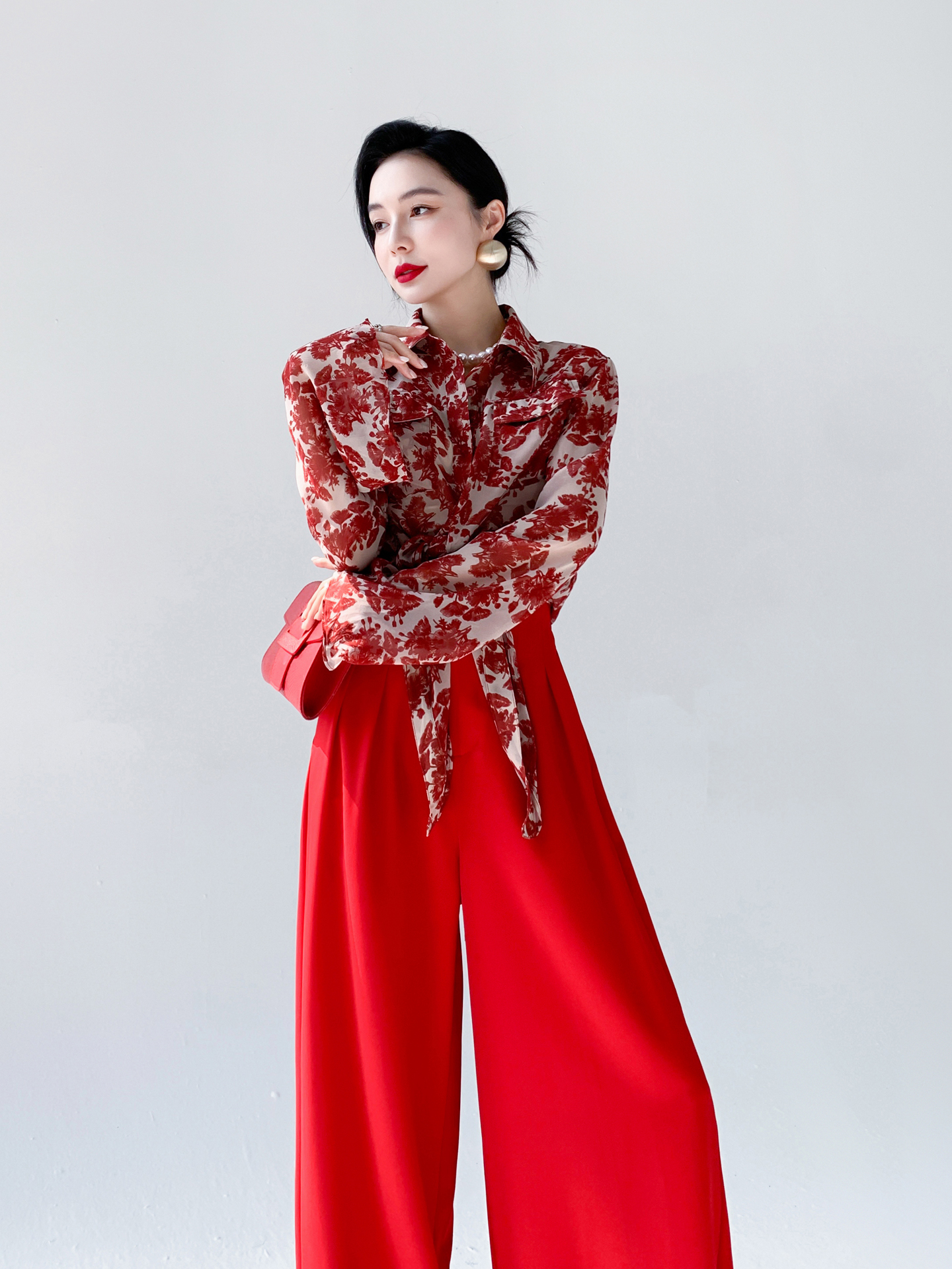 Red Floral Print Chiffon Shirt - Vintage Fashion Hong Kong ulasan dan harga