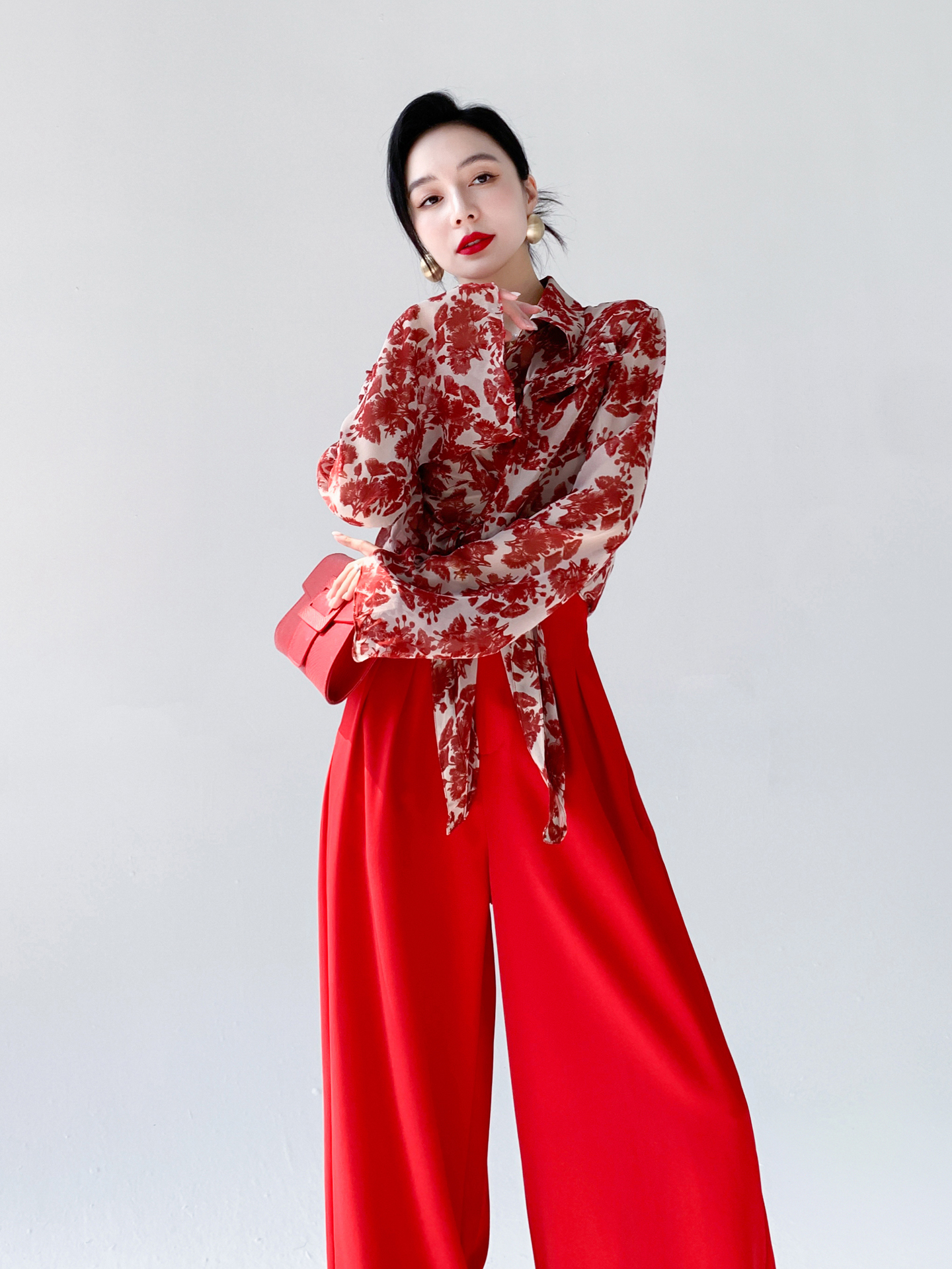Red Floral Print Chiffon Shirt - Vintage Fashion Hong Kong ulasan dan harga