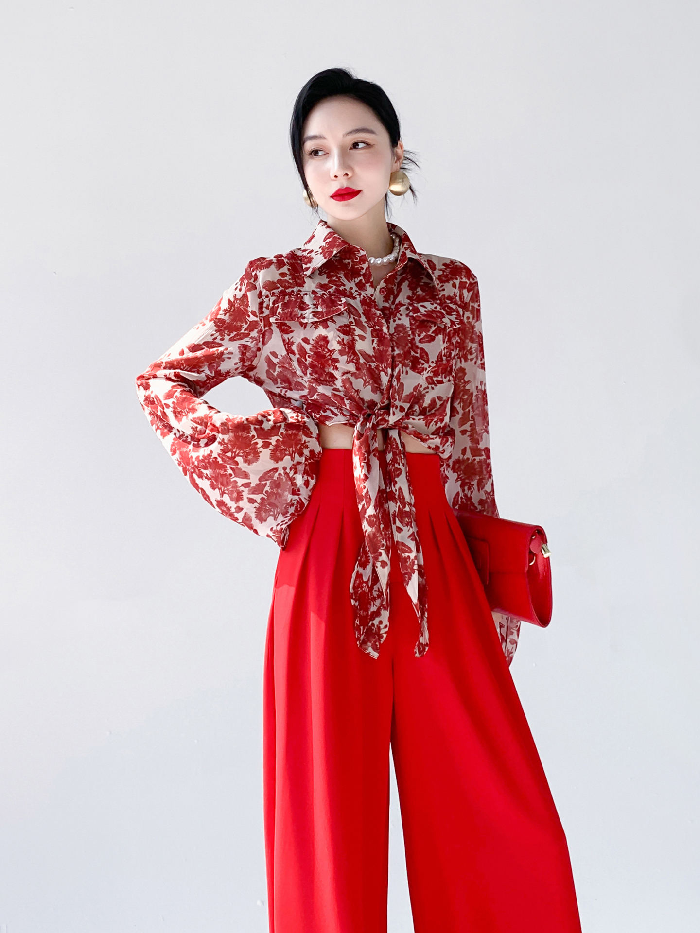 Red Floral Print Chiffon Shirt - Vintage Fashion Hong Kong ulasan dan harga