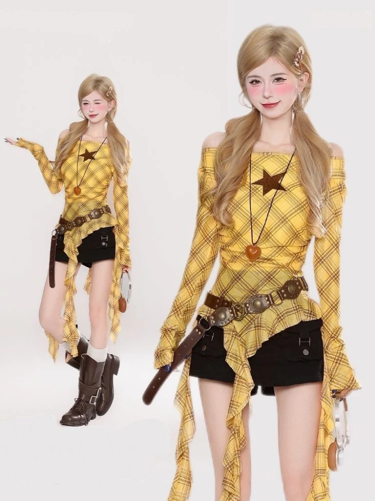 Y2K Plaid Slash Neck Vintage T - Vintage Fashion Y2K ulasan dan harga