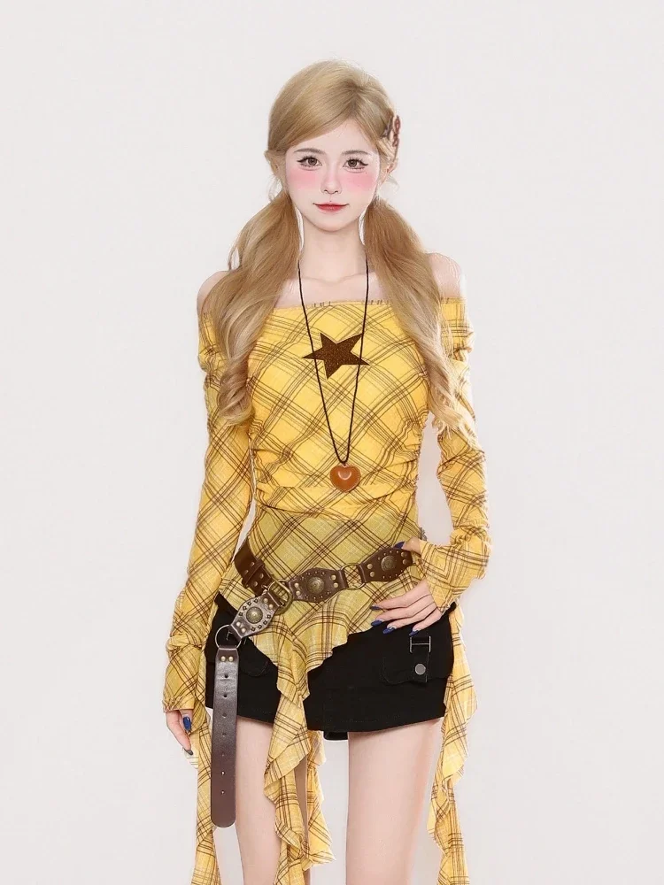 Y2K Plaid Slash Neck Vintage T - Vintage Fashion Y2K ulasan dan harga