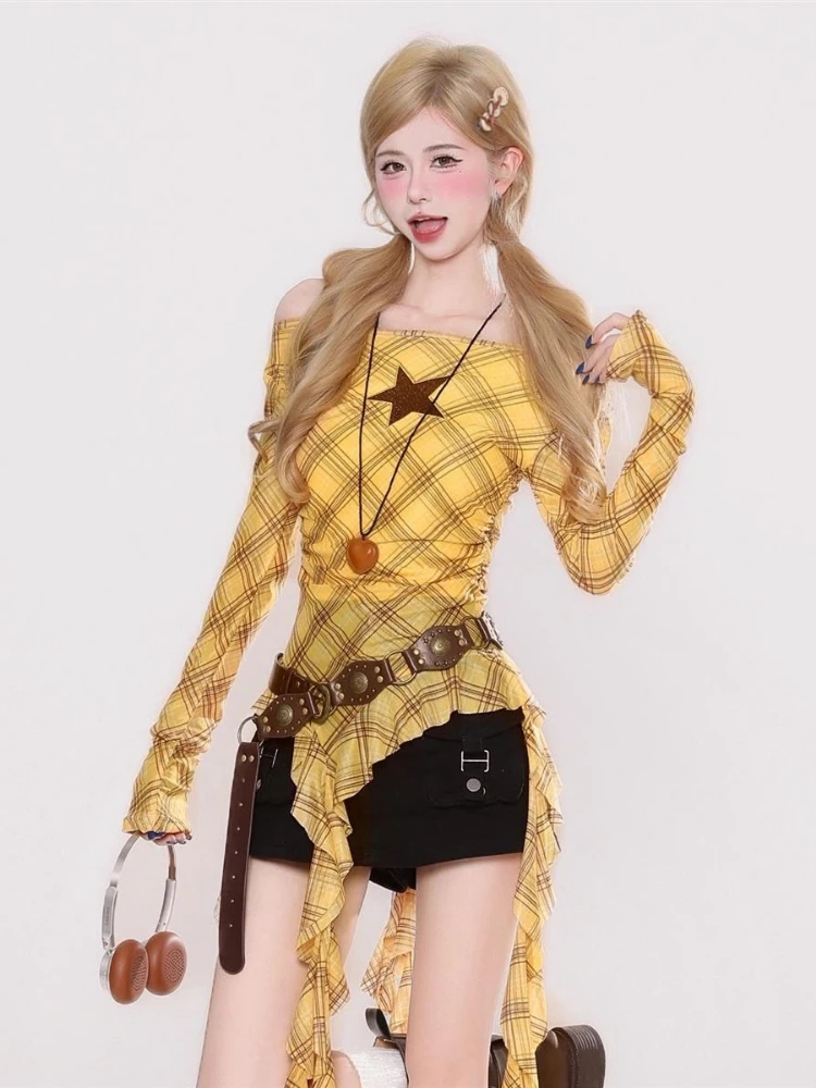 Y2K Plaid Slash Neck Vintage T - Vintage Fashion Y2K ulasan dan harga