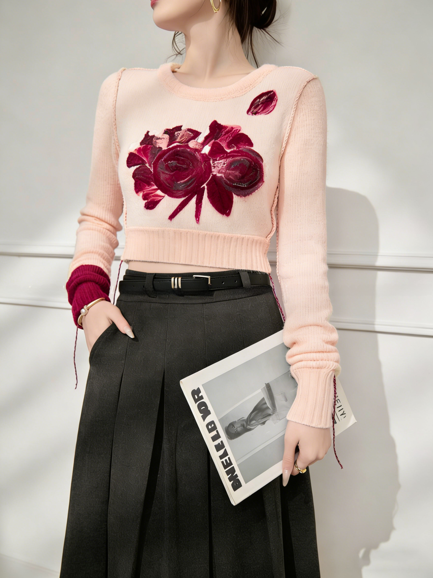 Fashionable Rose Print Slim Fi - Vintage Fashion Knitwear ulasan dan harga