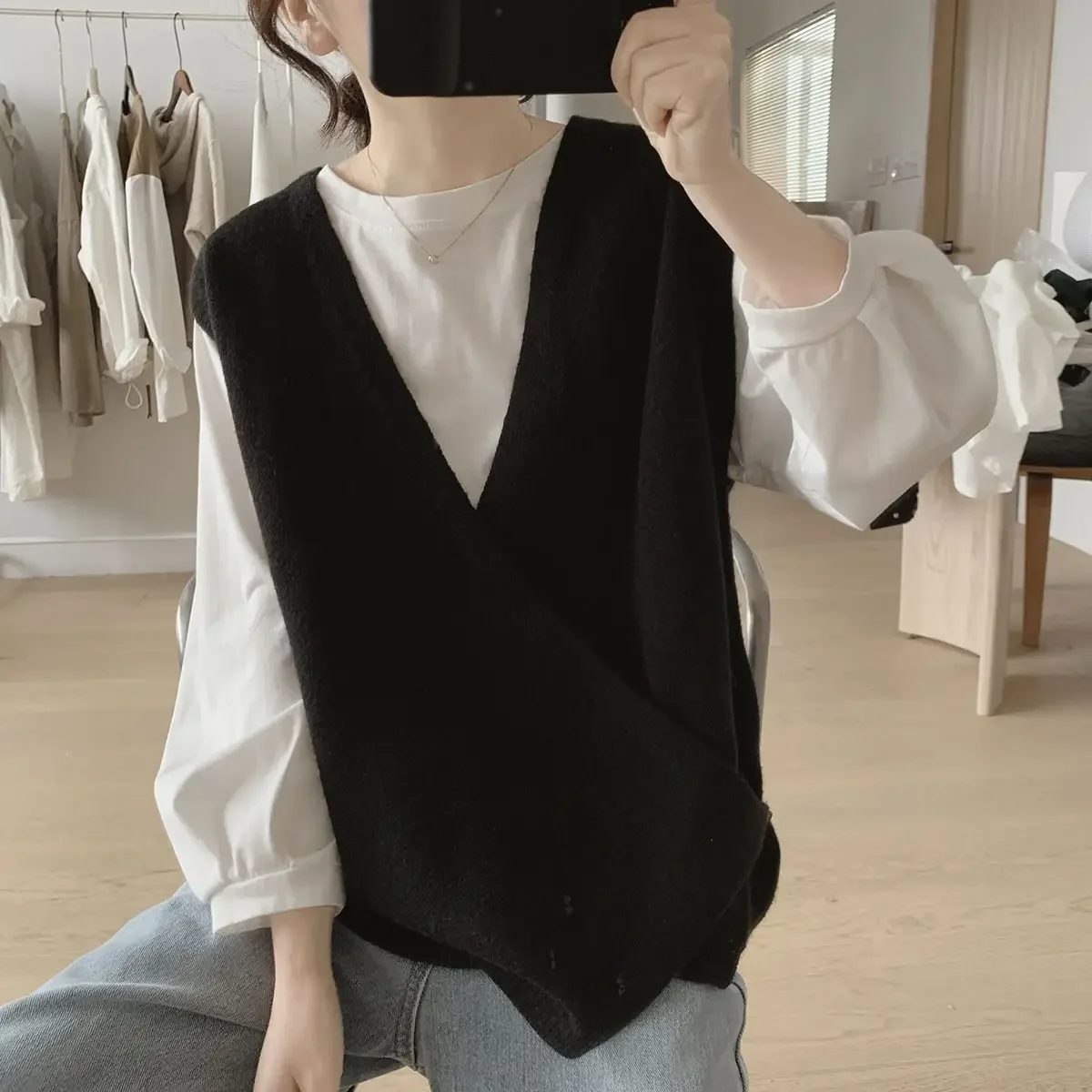 Ladies Sweaters Vest Black Lon - Vintage Fashion Knitwear ulasan dan harga