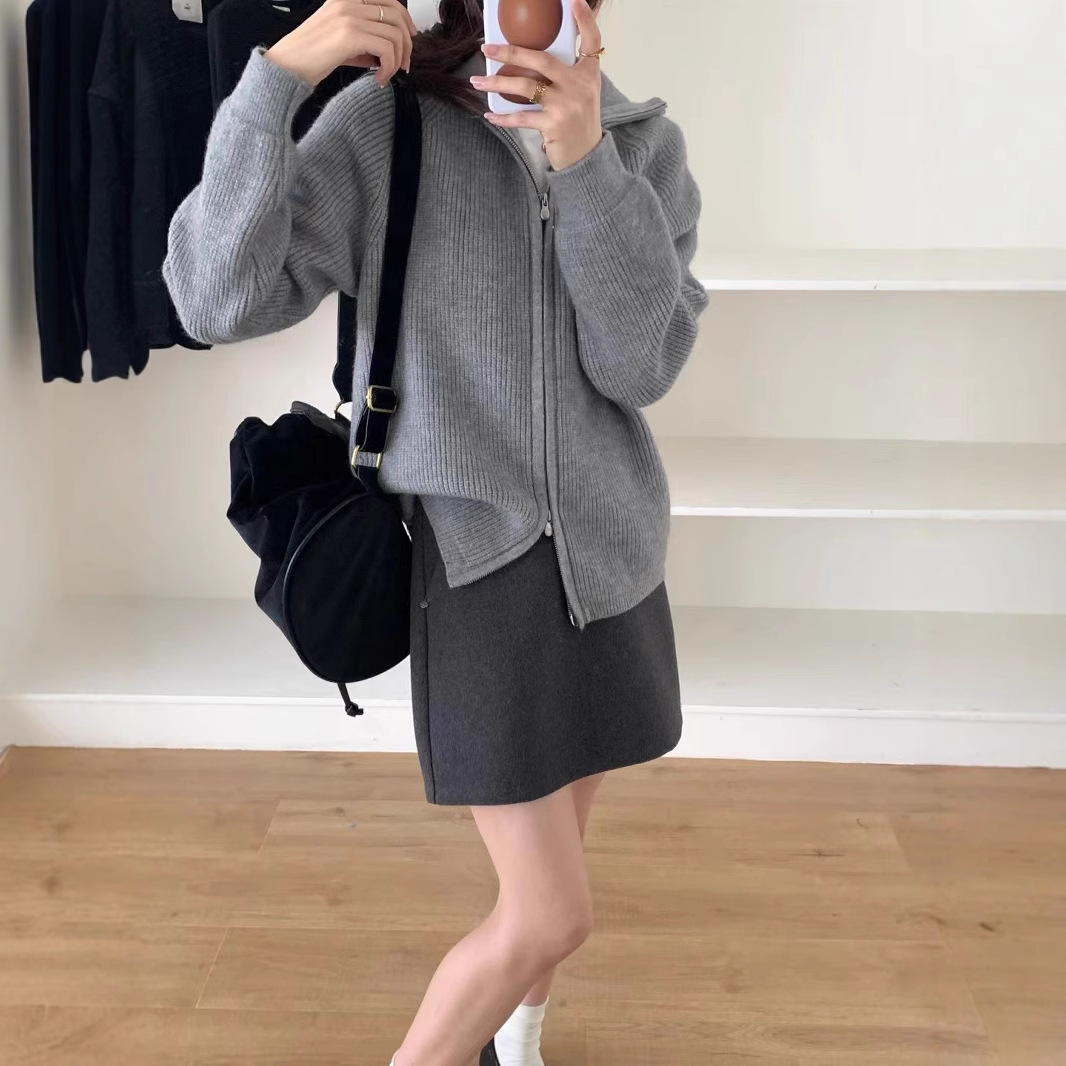 Women's Knitted Thickened Zipp - Vintage Fashion Knitwear ulasan dan harga
