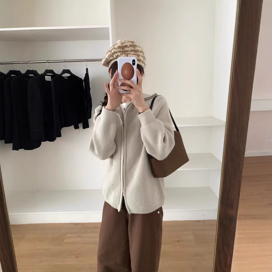 Women's Knitted Thickened Zipp - Vintage Fashion Knitwear ulasan dan harga