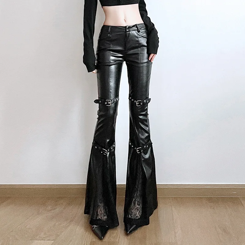 Women's PU Leather Flare Pants - Vintage Fashion Y2K ulasan dan harga