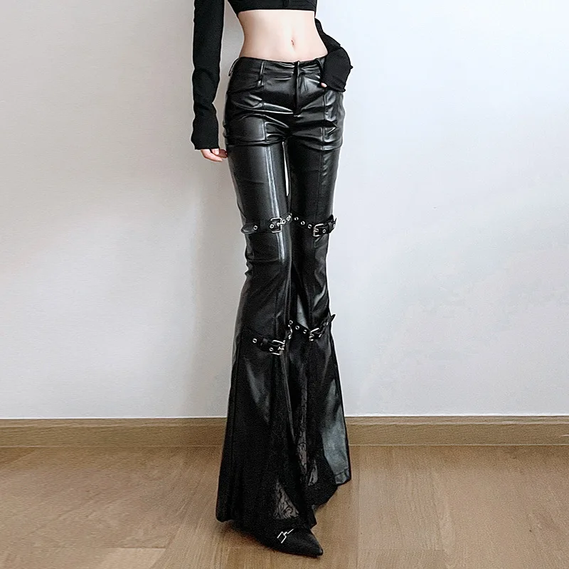 Women's PU Leather Flare Pants - Vintage Fashion Y2K ulasan dan harga