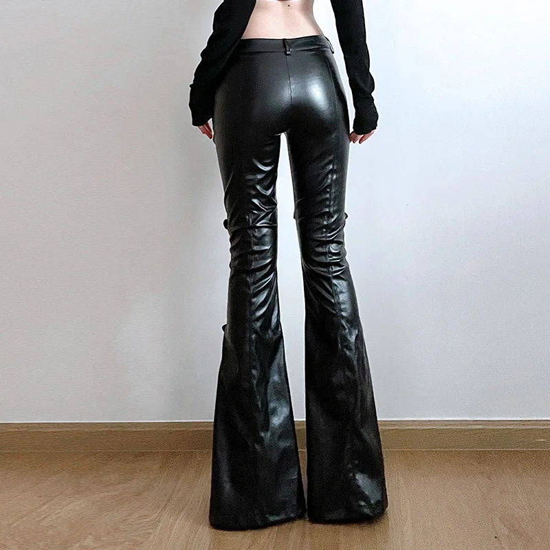 Women's PU Leather Flare Pants - Vintage Fashion Y2K ulasan dan harga
