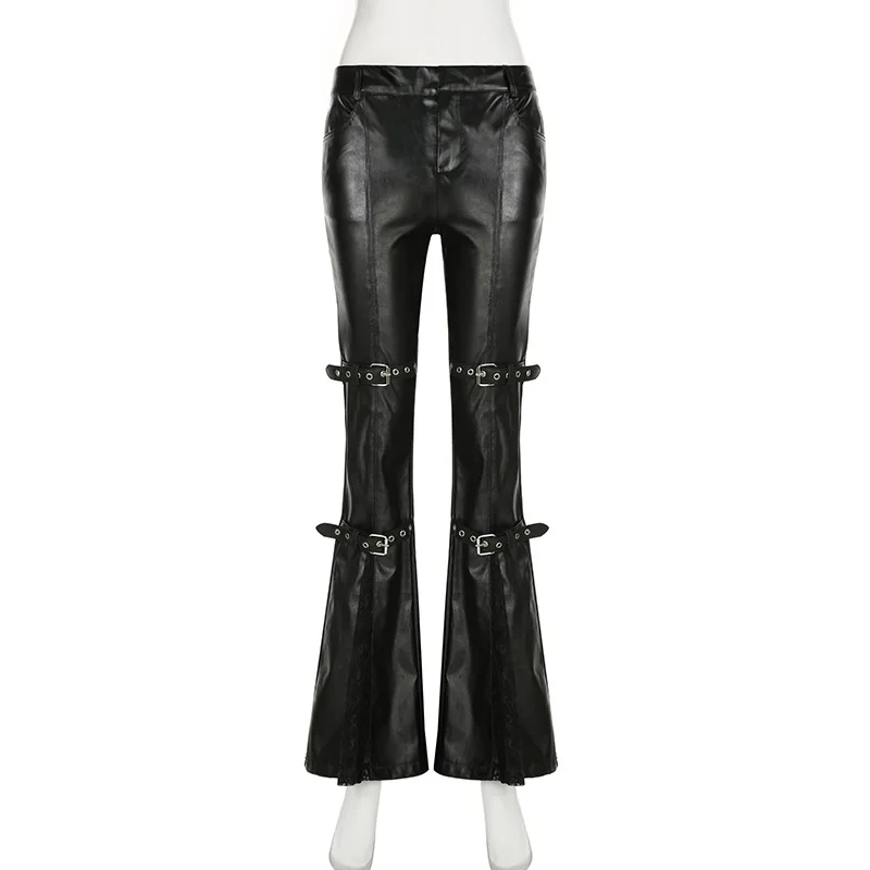 Women's PU Leather Flare Pants - Vintage Fashion Y2K ulasan dan harga
